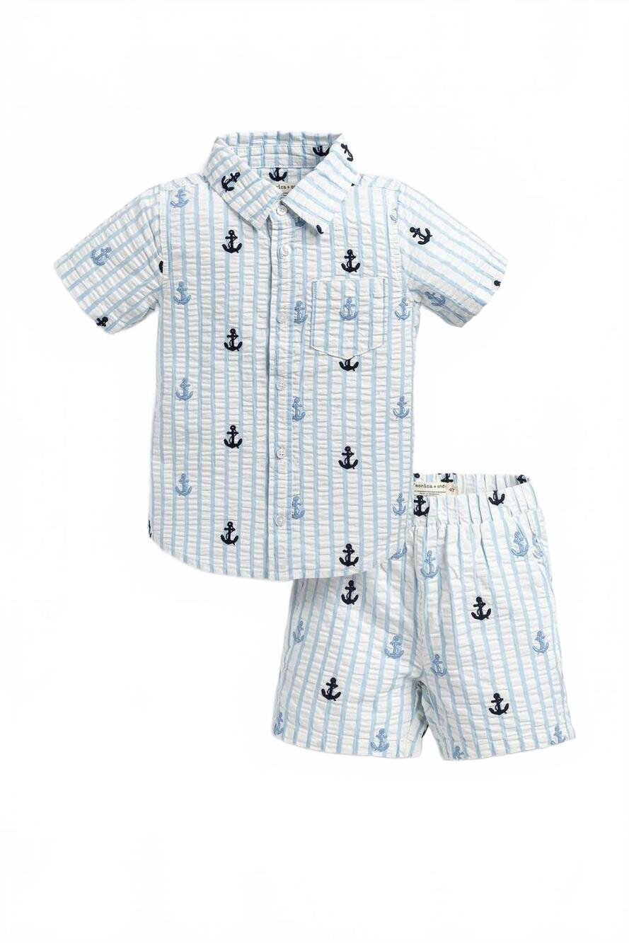 NEW MONICA + ANDY kids' poplin shirt + short set in nautical anchors